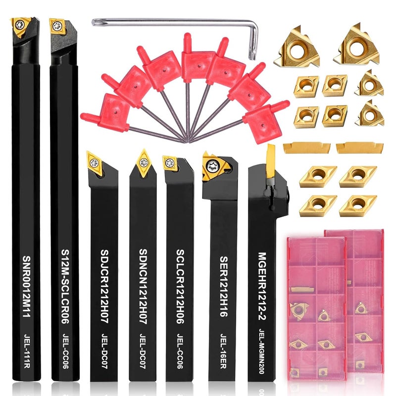 Uranshin Indexable Lathe Tools 21PCS Kit, 1/2" 12mm Shank 7PCS Metal Lathe Turning Tools Holders Boring Bar, with 14PCS Carbide Inserts Turning Inserts for Turning Grooving Threading Carbide Lathe Tools - Image 1